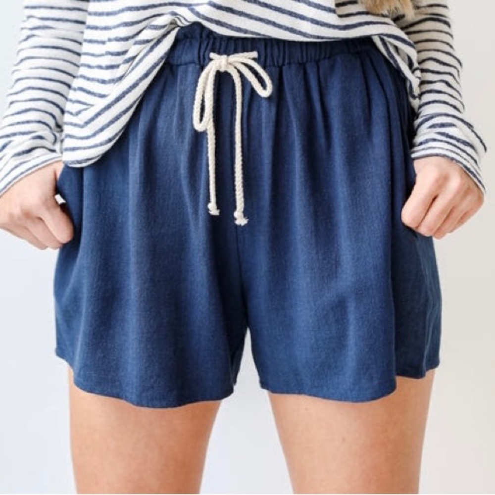 DRESS UP Out of Office High Waisted Navy Linen Shorts, Size Small